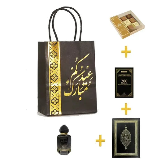 Eid Cadeau in tas (luxe Koran, dua boekje, chocolade + parfum)
