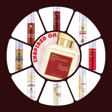 Rode en gouden parfumfles omringd door geurproducten uit Sample Set Baccarat Rouge