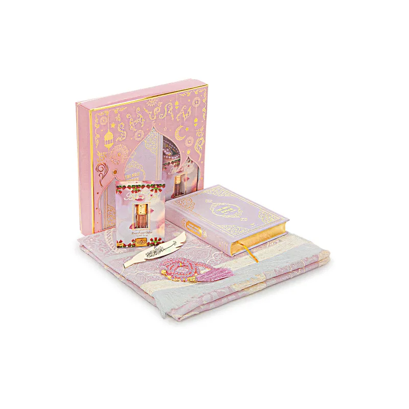 Luxe cadeauset gebed koran arabisch/engels en parfum -roze